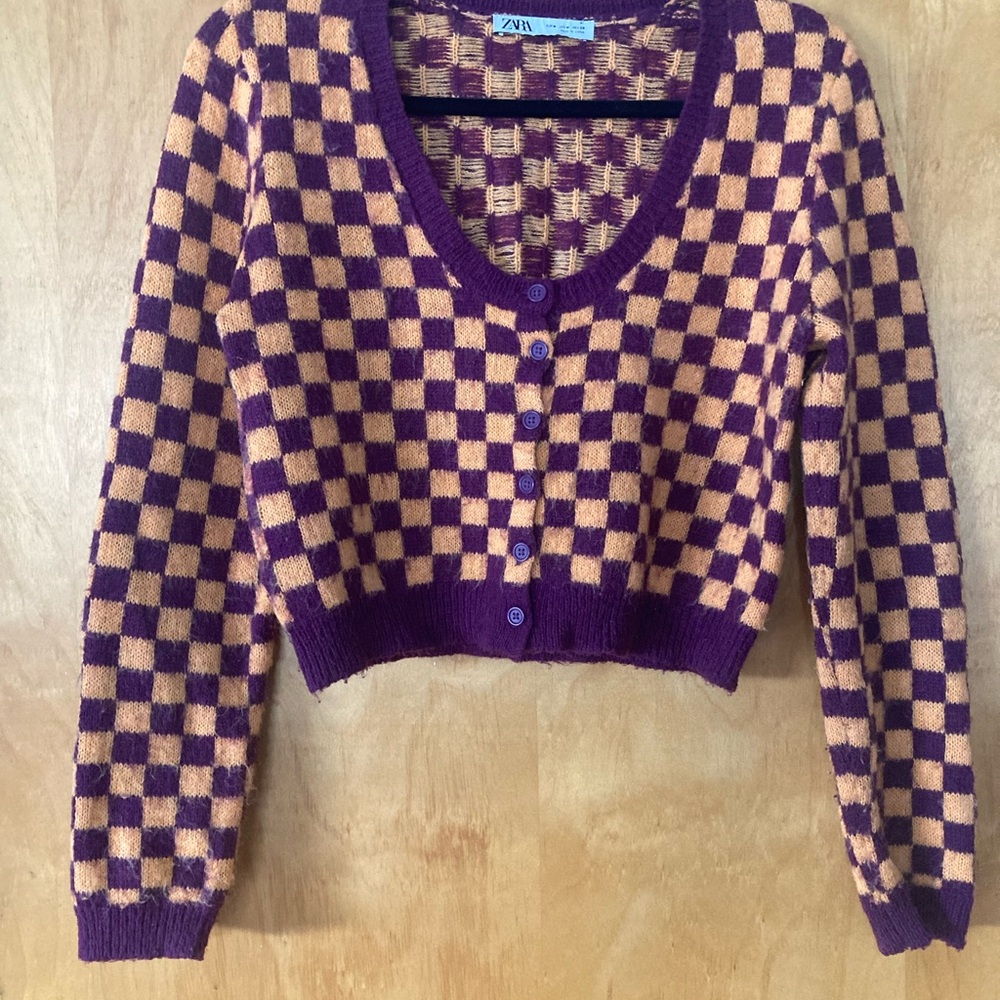 Zara Purple and Orange Checkered Cardigan